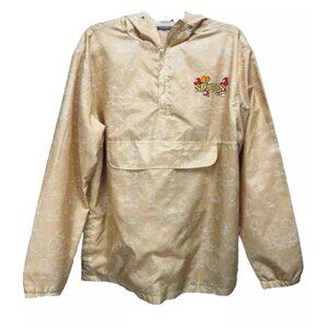 SMURFS Mushrooms Windbreaker Jacket Women's Size L Lightweight Waterproof Beige